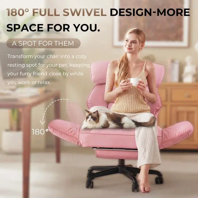 Alt view image 3 of 6 - Cross Legged Office Chair with Pivoting Armrests,Criss Cross Chair with Pocket Spring Seat & Back,Reclining Computer Gaming Chair with Footrest and Metal Base (Pink)