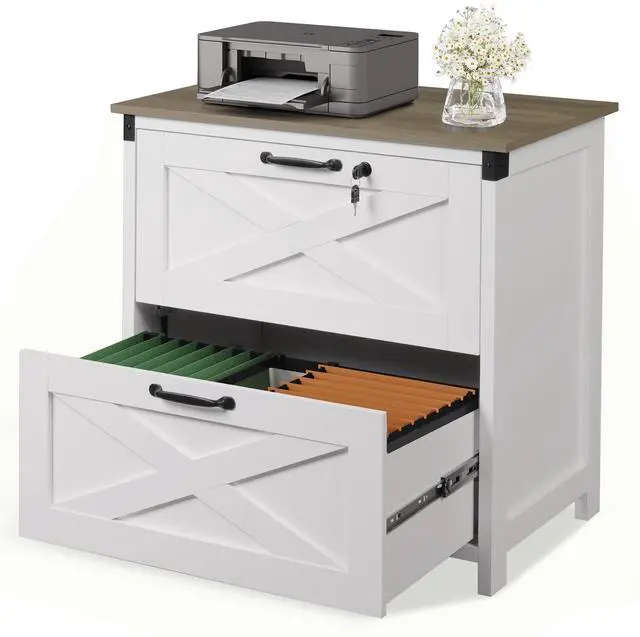 Main image of 2 Drawer File Cabinet, Lateral Wood Filing Storage Cabinet with Lock, Farmhouse Printer Stand for Home Office Fits Letter/Legal/A4 Size, White