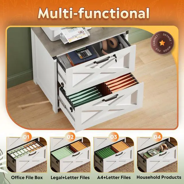 Alt view image 4 of 6 - 2 Drawer File Cabinet, Lateral Wood Filing Storage Cabinet with Lock, Farmhouse Printer Stand for Home Office Fits Letter/Legal/A4 Size, White