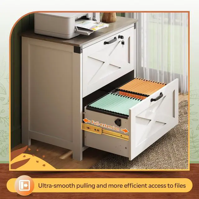 Alt view image 5 of 6 - 2 Drawer File Cabinet, Lateral Wood Filing Storage Cabinet with Lock, Farmhouse Printer Stand for Home Office Fits Letter/Legal/A4 Size, White