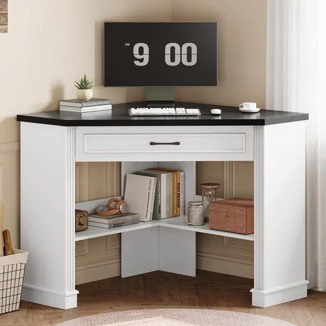 Main image of 31.5" White Corner Desk, Small Corner Desk for Small Space, Farmhouse Triangle Computer Desk with Drawer and Storage for Home Office, Living Room, Bedroom, Vanity Desk