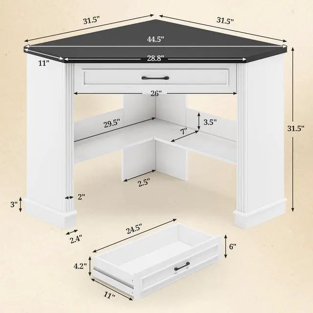 Alt view image 2 of 6 - 31.5" White Corner Desk, Small Corner Desk for Small Space, Farmhouse Triangle Computer Desk with Drawer and Storage for Home Office, Living Room, Bedroom, Vanity Desk