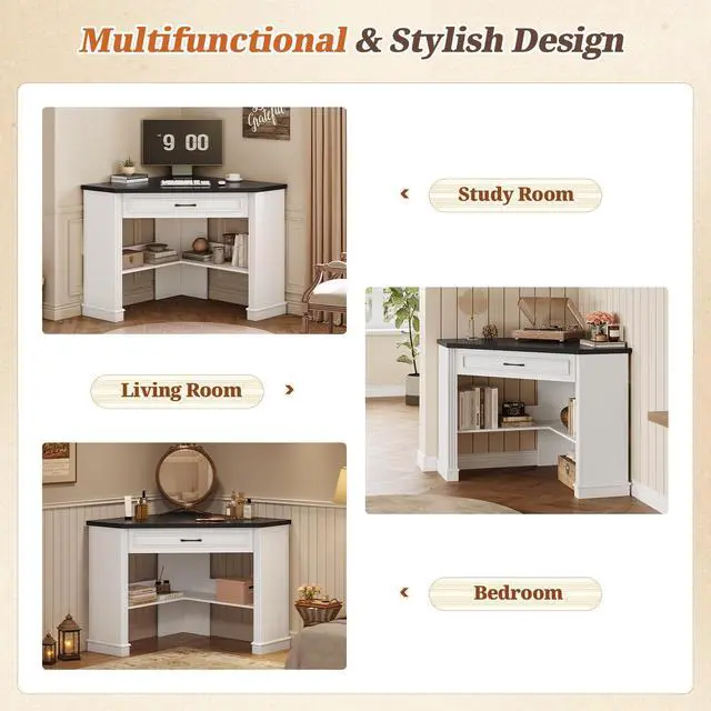 Alt view image 5 of 6 - 31.5" White Corner Desk, Small Corner Desk for Small Space, Farmhouse Triangle Computer Desk with Drawer and Storage for Home Office, Living Room, Bedroom, Vanity Desk