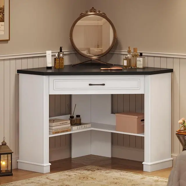 Alt view image 6 of 6 - 31.5" White Corner Desk, Small Corner Desk for Small Space, Farmhouse Triangle Computer Desk with Drawer and Storage for Home Office, Living Room, Bedroom, Vanity Desk