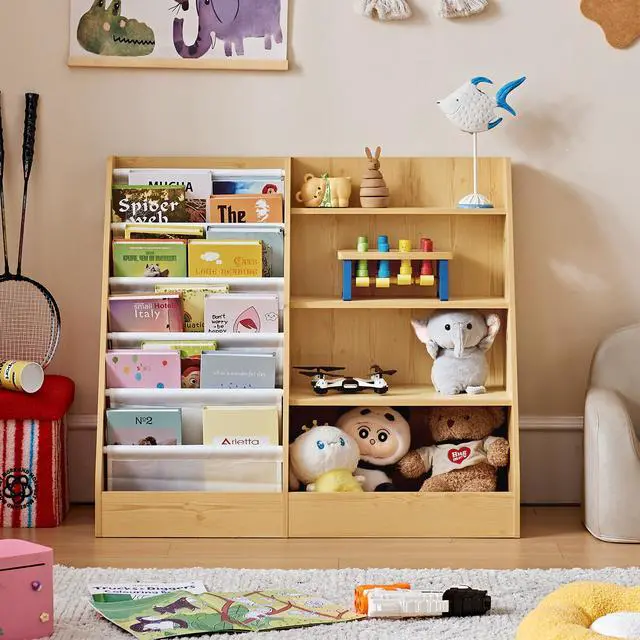 Alt view image 2 of 6 - 4 Tier Kids Bookshelf and Storage Organizer, Five Layer Sling Children Bookcase, Baby Toddler Wooden Book Shelf, Display Cabinet for Playroom, Bedroom, Classroom, Nursery, School (Natural)