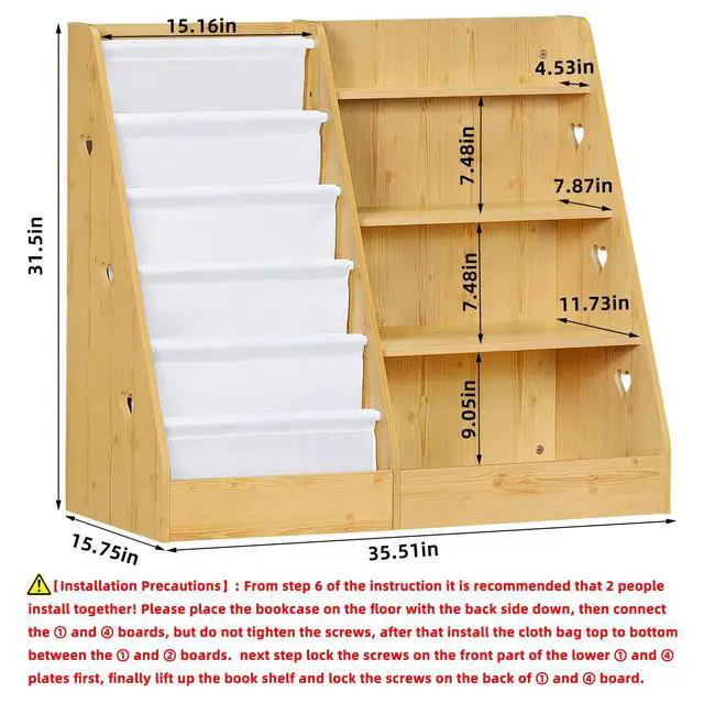 Alt view image 3 of 6 - 4 Tier Kids Bookshelf and Storage Organizer, Five Layer Sling Children Bookcase, Baby Toddler Wooden Book Shelf, Display Cabinet for Playroom, Bedroom, Classroom, Nursery, School (Natural)