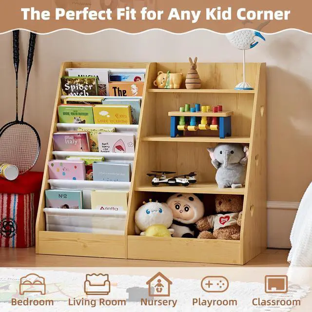 Alt view image 4 of 6 - 4 Tier Kids Bookshelf and Storage Organizer, Five Layer Sling Children Bookcase, Baby Toddler Wooden Book Shelf, Display Cabinet for Playroom, Bedroom, Classroom, Nursery, School (Natural)
