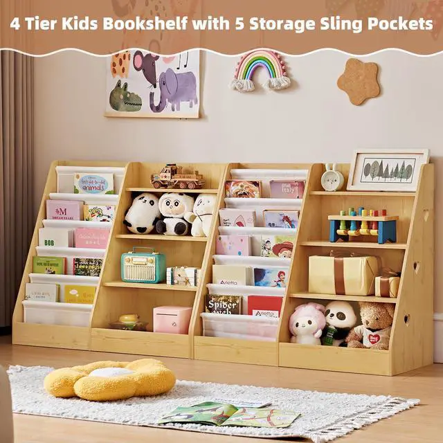 Alt view image 5 of 6 - 4 Tier Kids Bookshelf and Storage Organizer, Five Layer Sling Children Bookcase, Baby Toddler Wooden Book Shelf, Display Cabinet for Playroom, Bedroom, Classroom, Nursery, School (Natural)