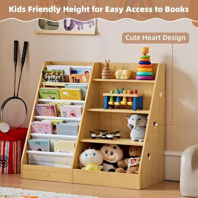 Alt view image 6 of 6 - 4 Tier Kids Bookshelf and Storage Organizer, Five Layer Sling Children Bookcase, Baby Toddler Wooden Book Shelf, Display Cabinet for Playroom, Bedroom, Classroom, Nursery, School (Natural)