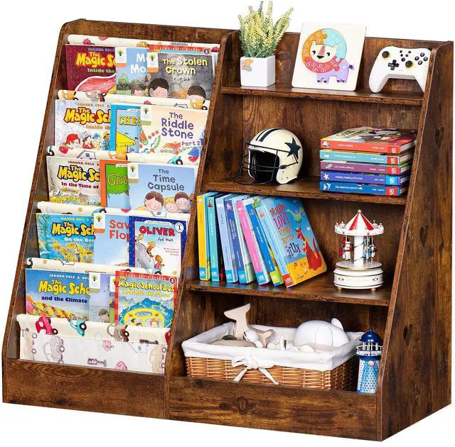Main image of 4 Tier Kids Bookshelf and Storage Organizer, Five Layer Sling Children Bookcase, Baby Toddler Wooden Book Shelf, Display Cabinet for Playroom, Bedroom, Classroom, Nursery, School (Brown)