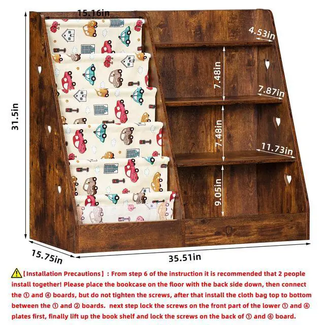 Alt view image 2 of 6 - 4 Tier Kids Bookshelf and Storage Organizer, Five Layer Sling Children Bookcase, Baby Toddler Wooden Book Shelf, Display Cabinet for Playroom, Bedroom, Classroom, Nursery, School (Brown)