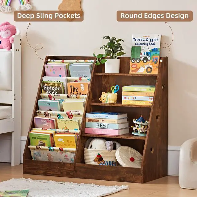 Alt view image 3 of 6 - 4 Tier Kids Bookshelf and Storage Organizer, Five Layer Sling Children Bookcase, Baby Toddler Wooden Book Shelf, Display Cabinet for Playroom, Bedroom, Classroom, Nursery, School (Brown)