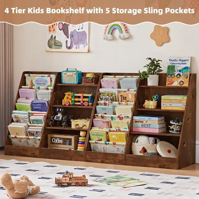 Alt view image 4 of 6 - 4 Tier Kids Bookshelf and Storage Organizer, Five Layer Sling Children Bookcase, Baby Toddler Wooden Book Shelf, Display Cabinet for Playroom, Bedroom, Classroom, Nursery, School (Brown)