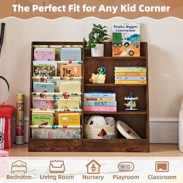Alt view image 5 of 6 - 4 Tier Kids Bookshelf and Storage Organizer, Five Layer Sling Children Bookcase, Baby Toddler Wooden Book Shelf, Display Cabinet for Playroom, Bedroom, Classroom, Nursery, School (Brown)