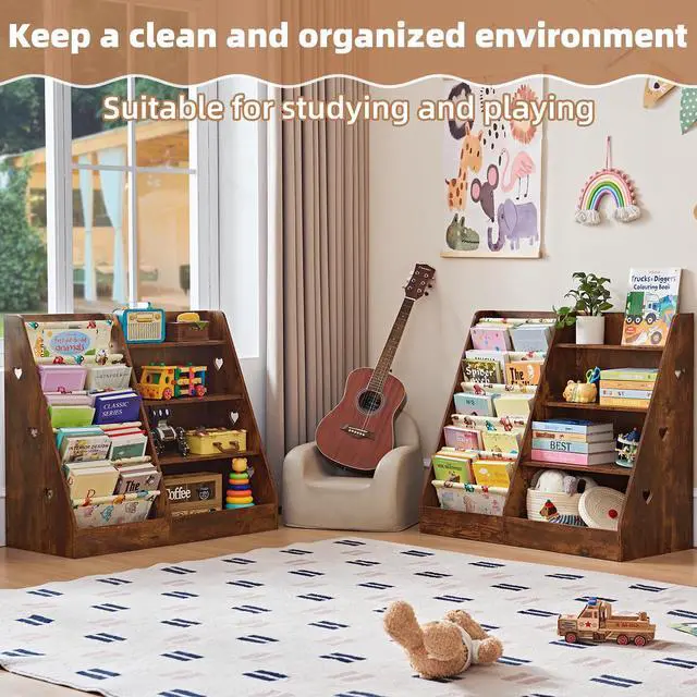Alt view image 6 of 6 - 4 Tier Kids Bookshelf and Storage Organizer, Five Layer Sling Children Bookcase, Baby Toddler Wooden Book Shelf, Display Cabinet for Playroom, Bedroom, Classroom, Nursery, School (Brown)