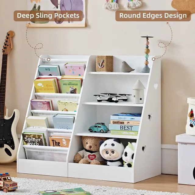Alt view image 2 of 6 - 4 Tier Kids Bookshelf and Storage Organizer, Five Layer Sling Children Bookcase, Baby Toddler Wooden Book Shelf, Display Cabinet for Playroom, Bedroom, Classroom, Nursery, School (White)