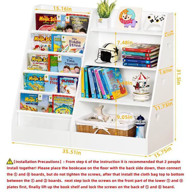 Alt view image 3 of 6 - 4 Tier Kids Bookshelf and Storage Organizer, Five Layer Sling Children Bookcase, Baby Toddler Wooden Book Shelf, Display Cabinet for Playroom, Bedroom, Classroom, Nursery, School (White)