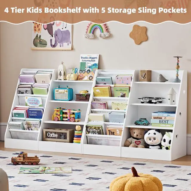 Alt view image 4 of 6 - 4 Tier Kids Bookshelf and Storage Organizer, Five Layer Sling Children Bookcase, Baby Toddler Wooden Book Shelf, Display Cabinet for Playroom, Bedroom, Classroom, Nursery, School (White)
