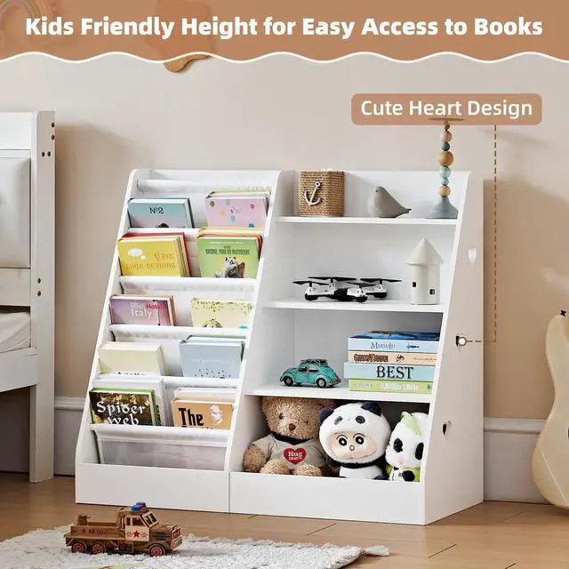 Alt view image 5 of 6 - 4 Tier Kids Bookshelf and Storage Organizer, Five Layer Sling Children Bookcase, Baby Toddler Wooden Book Shelf, Display Cabinet for Playroom, Bedroom, Classroom, Nursery, School (White)