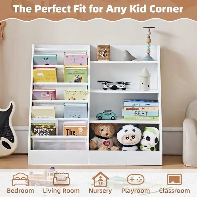 Alt view image 6 of 6 - 4 Tier Kids Bookshelf and Storage Organizer, Five Layer Sling Children Bookcase, Baby Toddler Wooden Book Shelf, Display Cabinet for Playroom, Bedroom, Classroom, Nursery, School (White)