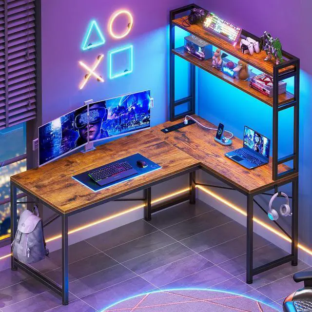Alt view image 2 of 6 - L Shaped Desk with Hutch, 45.3 Reversible Home Office Desk, L Shaped Gaming Desk with LED Lights, Power Outlet, Storage Shelves and Hooks for Small Space, Rustic Brown