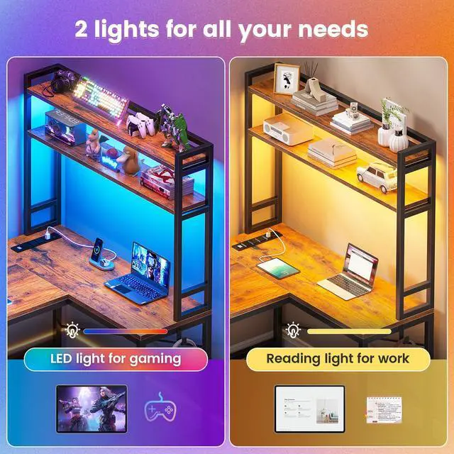 Alt view image 4 of 6 - L Shaped Desk with Hutch, 45.3 Reversible Home Office Desk, L Shaped Gaming Desk with LED Lights, Power Outlet, Storage Shelves and Hooks for Small Space, Rustic Brown