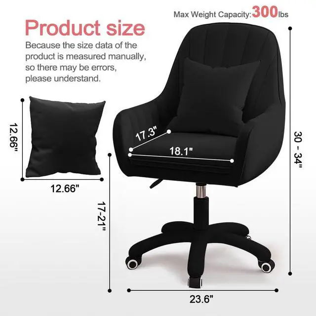 Alt view image 2 of 6 - Velvet Desk Chair with Pillow Upholstered Vanity Chair for Girls Women, Home Office Computer Task Chair with Wheels Swivel Rolling Accent Chair for Living Room, Bedroom