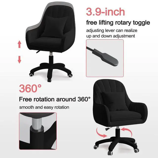 Alt view image 3 of 6 - Velvet Desk Chair with Pillow Upholstered Vanity Chair for Girls Women, Home Office Computer Task Chair with Wheels Swivel Rolling Accent Chair for Living Room, Bedroom