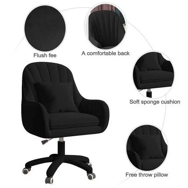 Alt view image 4 of 6 - Velvet Desk Chair with Pillow Upholstered Vanity Chair for Girls Women, Home Office Computer Task Chair with Wheels Swivel Rolling Accent Chair for Living Room, Bedroom