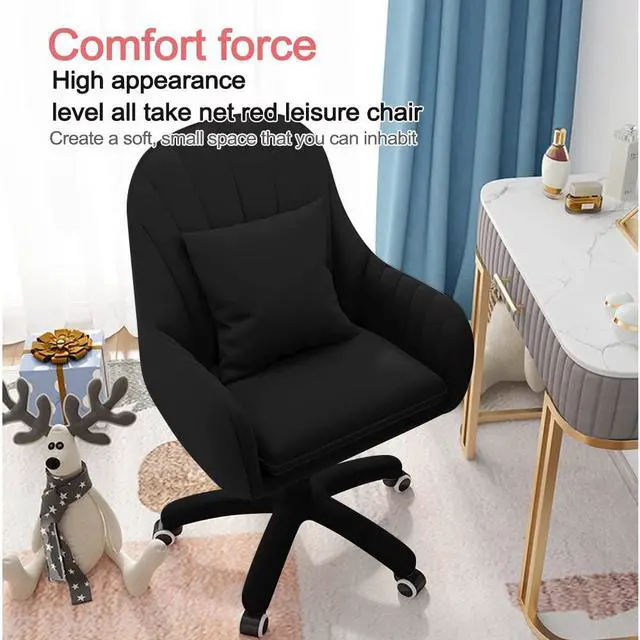 Alt view image 5 of 6 - Velvet Desk Chair with Pillow Upholstered Vanity Chair for Girls Women, Home Office Computer Task Chair with Wheels Swivel Rolling Accent Chair for Living Room, Bedroom