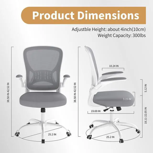Alt view image 2 of 6 - Mesh Office Chair, Ergonomic Home Office Desk Chairs with Flip-up Arms and Lumbar Support, Height Adjustable, Grey