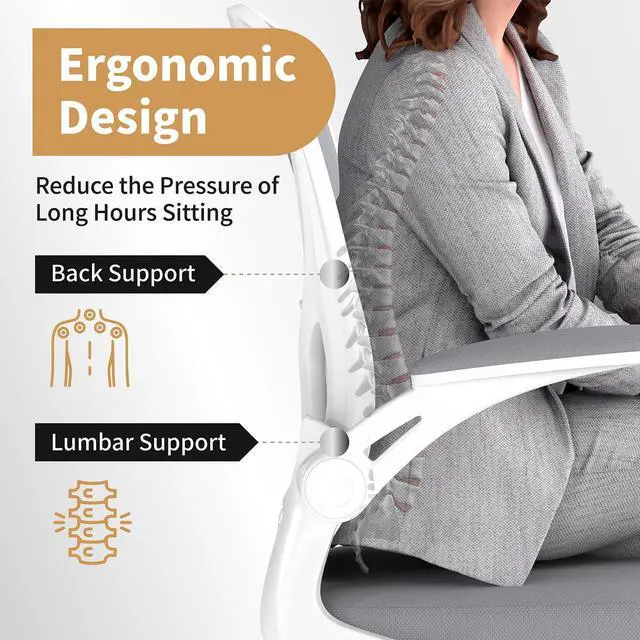 Alt view image 3 of 6 - Mesh Office Chair, Ergonomic Home Office Desk Chairs with Flip-up Arms and Lumbar Support, Height Adjustable, Grey