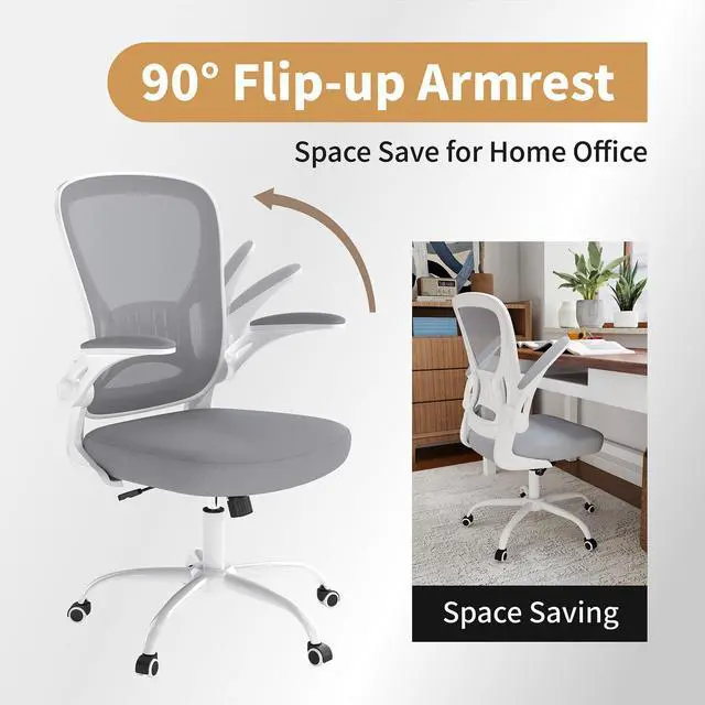 Alt view image 4 of 6 - Mesh Office Chair, Ergonomic Home Office Desk Chairs with Flip-up Arms and Lumbar Support, Height Adjustable, Grey