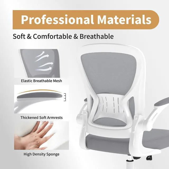 Alt view image 5 of 6 - Mesh Office Chair, Ergonomic Home Office Desk Chairs with Flip-up Arms and Lumbar Support, Height Adjustable, Grey