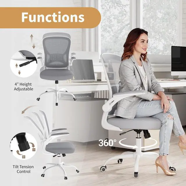 Alt view image 6 of 6 - Mesh Office Chair, Ergonomic Home Office Desk Chairs with Flip-up Arms and Lumbar Support, Height Adjustable, Grey