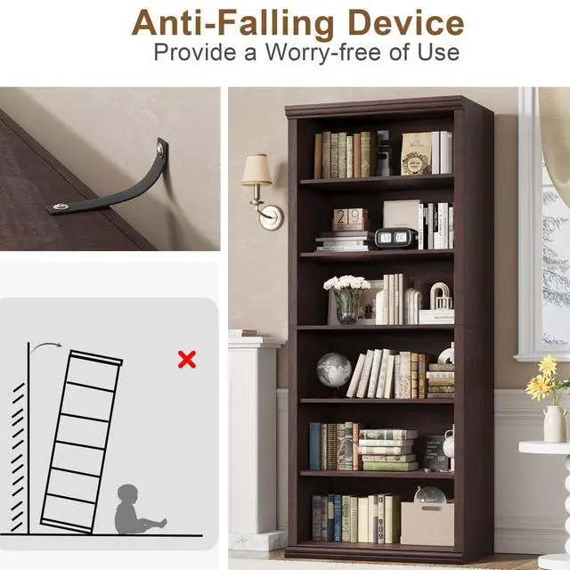 Alt view image 4 of 6 - Bookcase and Bookshelves, 28" W Tall Bookshelf with Elegant Design, 6 Tiers Spacious Book Storage, Freestanding Book Organizer, Display Library Shelf for Home Office, Living Room & Study Room