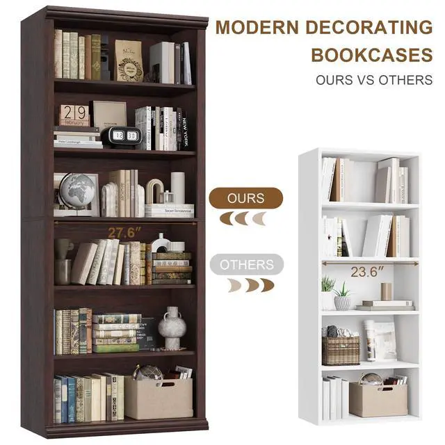 Alt view image 5 of 6 - Bookcase and Bookshelves, 28" W Tall Bookshelf with Elegant Design, 6 Tiers Spacious Book Storage, Freestanding Book Organizer, Display Library Shelf for Home Office, Living Room & Study Room