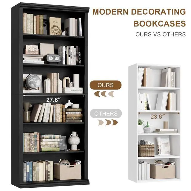 Alt view image 4 of 6 - Bookcase and Bookshelves, 28" W Tall Bookshelf with Elegant Design, 6 Tiers Spacious Book Storage, Freestanding Book Organizer, Display Library Shelf for Home Office, Living Room & Study Room