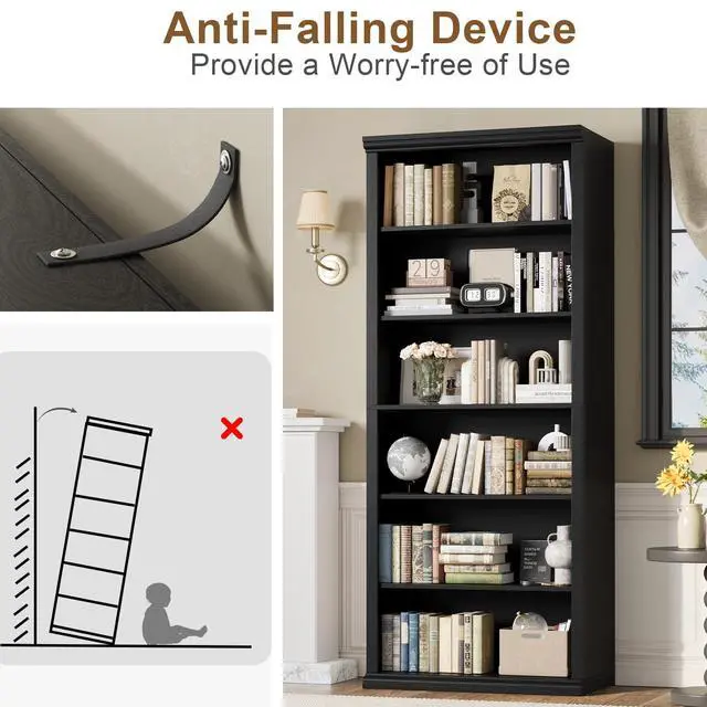 Alt view image 6 of 6 - Bookcase and Bookshelves, 28" W Tall Bookshelf with Elegant Design, 6 Tiers Spacious Book Storage, Freestanding Book Organizer, Display Library Shelf for Home Office, Living Room & Study Room