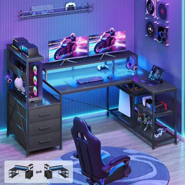 Main image of L Shaped Gaming Desk with Drawers & Storage Shelves, Corner Gaming Desk with Power Outlets & LED Light, Reversible Computer Desk with Monitor Stand & Hooks, Carbon Fiber Black