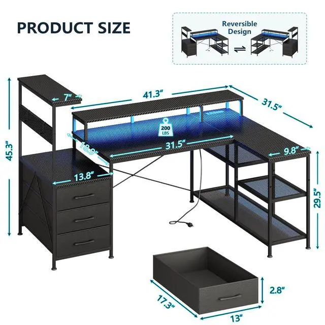 Alt view image 2 of 6 - L Shaped Gaming Desk with Drawers & Storage Shelves, Corner Gaming Desk with Power Outlets & LED Light, Reversible Computer Desk with Monitor Stand & Hooks, Carbon Fiber Black