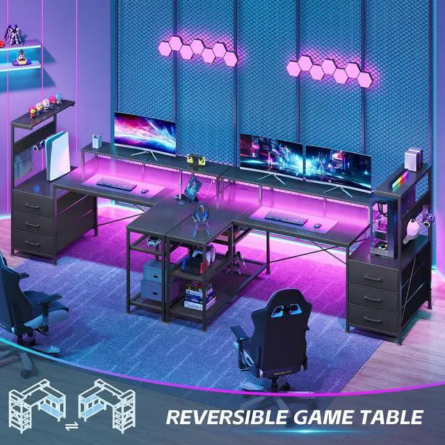 Alt view image 3 of 6 - L Shaped Gaming Desk with Drawers & Storage Shelves, Corner Gaming Desk with Power Outlets & LED Light, Reversible Computer Desk with Monitor Stand & Hooks, Carbon Fiber Black