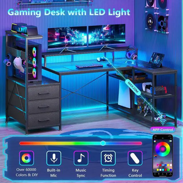 Alt view image 4 of 6 - L Shaped Gaming Desk with Drawers & Storage Shelves, Corner Gaming Desk with Power Outlets & LED Light, Reversible Computer Desk with Monitor Stand & Hooks, Carbon Fiber Black