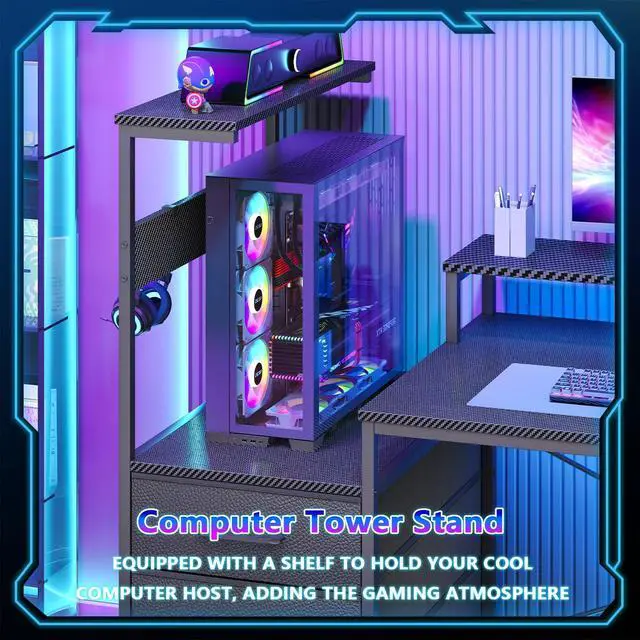 Alt view image 5 of 6 - L Shaped Gaming Desk with Drawers & Storage Shelves, Corner Gaming Desk with Power Outlets & LED Light, Reversible Computer Desk with Monitor Stand & Hooks, Carbon Fiber Black