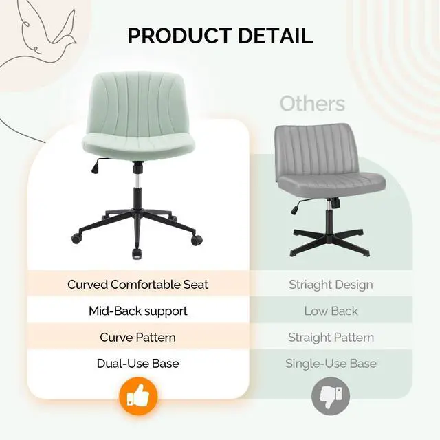 Alt view image 4 of 6 - Criss Cross Legged Chair,Wide Comfy Office Desk Chair,Dual-Use with/no Wheels Computer Task Chair,Swivel Armless Vanity Rolling Chair for Study,Make Up,Home Office,Cat Scratch PU,Mint Green