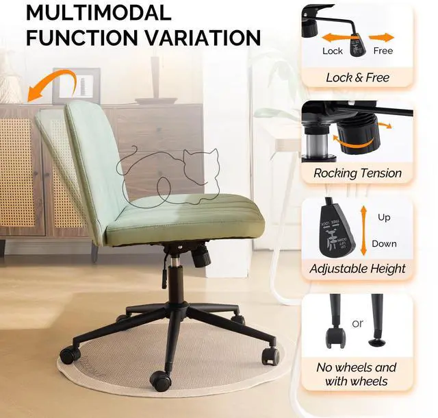 Alt view image 6 of 6 - Criss Cross Legged Chair,Wide Comfy Office Desk Chair,Dual-Use with/no Wheels Computer Task Chair,Swivel Armless Vanity Rolling Chair for Study,Make Up,Home Office,Cat Scratch PU,Mint Green