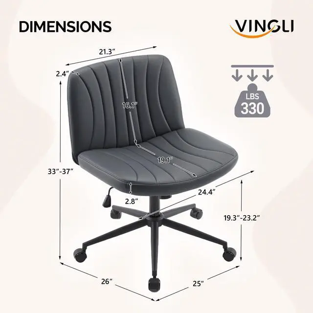 Alt view image 2 of 6 - Criss Cross Legged Chair,Wide Comfy Office Desk Chair,Dual-Use with/no Wheels Computer Task Chair,Swivel Armless Vanity Rolling Chair for Study,Make Up,Home Office,Cat Scratch PU Leather,Black