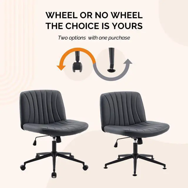 Alt view image 3 of 6 - Criss Cross Legged Chair,Wide Comfy Office Desk Chair,Dual-Use with/no Wheels Computer Task Chair,Swivel Armless Vanity Rolling Chair for Study,Make Up,Home Office,Cat Scratch PU Leather,Black