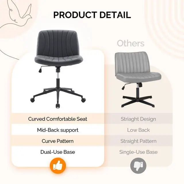 Alt view image 4 of 6 - Criss Cross Legged Chair,Wide Comfy Office Desk Chair,Dual-Use with/no Wheels Computer Task Chair,Swivel Armless Vanity Rolling Chair for Study,Make Up,Home Office,Cat Scratch PU Leather,Black