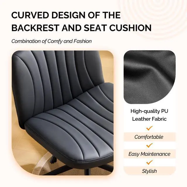 Alt view image 5 of 6 - Criss Cross Legged Chair,Wide Comfy Office Desk Chair,Dual-Use with/no Wheels Computer Task Chair,Swivel Armless Vanity Rolling Chair for Study,Make Up,Home Office,Cat Scratch PU Leather,Black